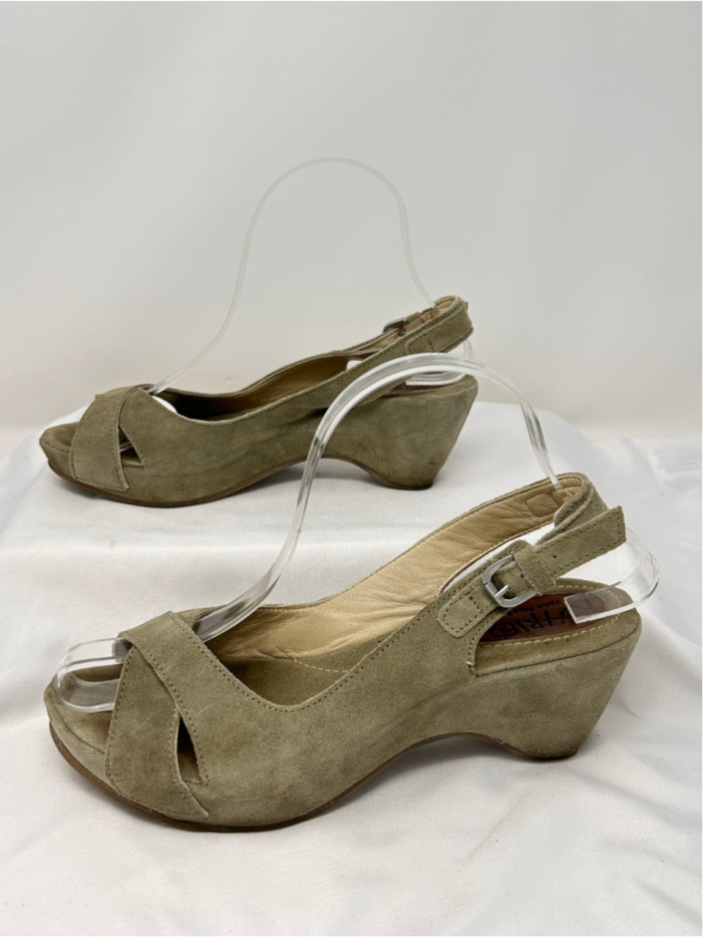 Khrio Olive Suede Leather Peep Toe Wedge Sandals Size 37